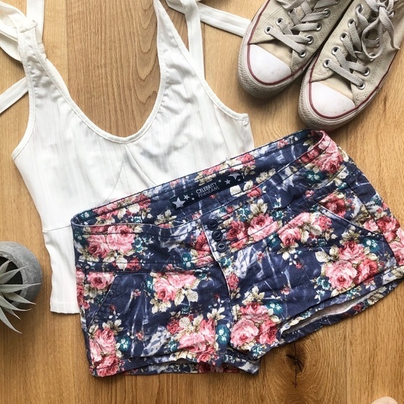 BLUE DENIM  SHORTS WITH PINK FLORAL PRINTS - Picture 1 of 8